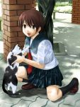  brown_hair cat hitori_(htr_t) kneeling original school_uniform serafuku solo tonari_alpha 