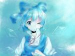  ahoge blue_eyes blue_hair bow bust cirno colored dress izumi1019 p_second ribbon short_hair solo touhou wings wink 