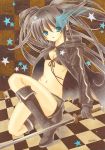  asapon bikini_top black_hair black_rock_shooter black_rock_shooter_(character) blue_eyes boots checkered checkered_floor copics floves front-tie_top gloves glowing_eye highres kneeling legs long_sleeves marker_(medium) midriff one_knee open_clothes signature star sword traditional_media twintails weapon zipper 