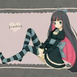  black_hair blue_eyes bow dress hair_bow long_hair mizutamako multicolored_hair panty_&amp;_stocking_with_garterbelt sitting solo stocking_(character) stocking_(psg) striped striped_legwear striped_thighhighs thigh-highs thighhighs two-tone_hair 