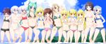  aqua_eyes aqua_hair bikini black_hair blonde_hair blue_eyes blush breasts brown_hair child flat_chest frilled_bikini frills front-tie_top glasses green_hair highres holding_hands long_hair lowleg multiple_girls navel noto_(soranoto) original red_eyes short_hair side-tie_bikini striped striped_bikini striped_swimsuit submerged swimsuit twintails underboob wavy_hair white_hair yoshina_hijiki 