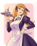  bowieknife breasts brown_hair coffee cup glasses large_breasts long_hair maid maid_headdress ribbon smile solo soredemo_machi_wa_mawatteiru tatsuno_toshiko tray uniform waitress 