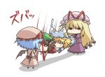  artist_request bat_wings blonde_hair blue_hair bow brown_hair cat_ears chen chibi hair_bow hat hat_ribbon jewelry kurokoori long_hair o_o ouch remilia_scarlet ribbon scratch short_hair single_earring standing teamwork touhou wings yakumo_ran yakumo_yukari 