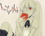  apple bandage_over_one_eye eyepatch food fruit hatsune_miku holding holding_fruit open_mouth red_eyes spot_color top_secret_(vocaloid) twintails vocaloid 