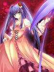  blue_hair bow choker dress flower frills furudo_erika hair_flower hair_ornament long_hair red_rose rose scythe skirt skirt_lift smile solo tkisii twintails umineko_no_naku_koro_ni 