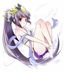  1girl bare_legs bikini blush body_blush breasts cleavage flower hair_flower hair_ornament hair_stick headpiece leaf lily_(flower) long_hair parted_lips ponytail purple_hair puzzle_&amp;_dragons red_eyes solo swimsuit takoyaki_kenken very_long_hair yomi_(p&amp;d) 