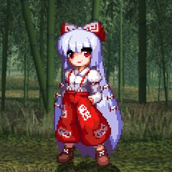  bow fake_screenshot hair_bow long_hair long_sleeves niwatori_takeshi pants pixel_art red_eyes scarlet_weather_rhapsody silver_hair smile solo suspenders touhou very_long_hair 