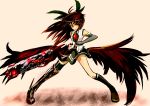  alternate_weapon arm_cannon black_hair blackcat_(pixiv) bow detached_sleeves grin hair_bow highres long_hair low_wings red_eyes reiuji_utsuho smile thighhighs touhou weapon wings 