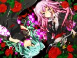  aqua_hair blue_eyes checkered checkered_background dress earrings elbow_gloves flower formal gloves gun hatsune_miku jewelry megurine_luka multiple_girls necklace pant_suit pink_hair rapier red_rose rondo_of_the_sun_and_moon_(vocaloid) rose sakuragi_ren suit sword twintails vocaloid weapon 