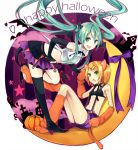  animal_ears aqua_eyes aqua_hair bat_wings blonde_hair bow cat_ears cat_tail elbow_gloves fang fingerless_gloves gloves green_eyes hair_bow hair_ornament hairclip halloween hatsune_miku highres kagamine_rin long_hair multiple_girls paw_gloves short_hair skirt smile suspenders tail thigh-highs thighhighs twintails very_long_hair vocaloid wadaka wings zettai_ryouiki 