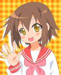  brown_hair fang kusakabe_misao lucky_star minatoyui school_uniform serafuku short_hair waving yellow_eyes 