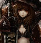  black_gold_saw black_rock_shooter breasts brown_hair cleavage coat highres long_hair scar solo sword tree_(artist) weapon 