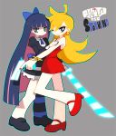  bad_id black_hair blonde_hair blue_eyes bow dadami dress earrings gun hair_bow jewelry multiple_girls panty_&amp;_stocking_with_garterbelt panty_(character) panty_(psg) shoes single_thighhigh smile stocking_(character) stocking_(psg) striped striped_legwear striped_thighhighs sword thigh-highs thighhighs weapon wink 