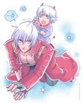  angry blue_eyes capcom carrying child coat dante demon_tail devil_may_cry devil_may_cry_3 devil_may_cry_4 fingerless_gloves gloves hair_pull horns nero_(devil_may_cry) short_hair smile star tail white_hair young 