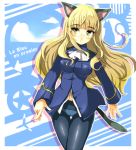 animal_ears blonde_hair breasts brown_eyes cat cat_ears cat_tail french glasses green_eyes long_hair military military_uniform owarine_miku panties panties_under_pantyhose pantyhose perrine_h_clostermann solo star strike_witches tail thigh_gap underwear uniform 