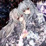 dual_persona feathers finger_to_mouth frills hairband holding_hands long_hair nanase_nao red_eyes rozen_maiden silver_hair smile suigintou 