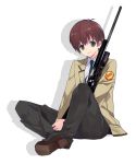  brown_hair green_eyes gun iwashi_(morpho000) ooyama_(angel_beats!) rifle school_uniform scope short_hair weapon 
