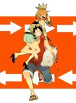  1girl carrying crown directional_arrow hat monkey_d_luffy nami one_piece person_over_shoulder skirt smile straw_hat tomo_(sjim) treasure 