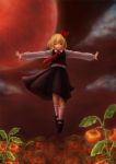  blonde_hair chinese_lantern floating full_moon hair_ribbon kannazuki_(devilcode666) moon necktie night outstretched_arms red_eyes red_moon red_sky ribbon rumia short_hair solo spread_arms touhou 