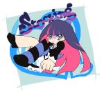  blue_hair bow chikori dress hair_bow long_hair multicolored_hair official_style panty_&amp;_stocking_with_garterbelt single_thighhigh solo stocking_(character) stocking_(psg) striped striped_legwear striped_thighhighs thigh-highs thighhighs two-tone_hair 