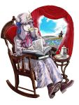  bat_wings book boots china_dress chinese_clothes crescent crescent_moon cup hat head_wings highres hong_meiling koakuma long_hair multiple_girls patchouli_knowledge purple_eyes purple_hair red_eyes red_hair redhead rocking_chair teacup teapot touhou umami_(sakeikura) violet_eyes wings 