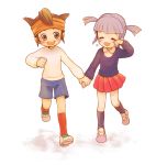  endou_mamoru headband holding_hands inazuma_eleven kudou_fuyuka laughing long_sleeves purple_hair running short_twintails tears twintails usasayo young 