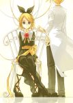  blue_eyes cable chair coumori dress empty_eyes hair_ribbon kagamine_len kagamine_rin kokoro_(vocaloid) labcoat ribbon shoes short_hair sitting smile vocaloid 