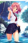  blush bra camera cloud crease highres koutaro lingerie open_mouth pink_bra pink_hair product_placement scan scan_artifacts school_uniform see-through short_hair skirt skirt_lift sky smile solo tree underwear water wet wet_clothes wink 