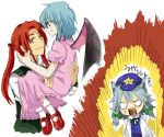  alternate_hairstyle angry animal_ears bat_wings carrying chibi cosplay dog_ears hong_meiling hong_meiling_(cosplay) izayoi_sakuya jealous kemonomimi_mode no_hat no_headwear ponytail princess_carry remilia_scarlet role_reversal smile touhou wings 