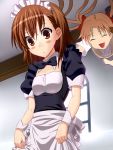  bowtie brown_eyes brown_hair collar looking_down maid misaka_mikoto shirai_kuroko short_hair takahirokun to_aru_kagaku_no_railgun to_aru_majutsu_no_index wrist_cuffs 