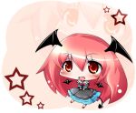  :d brush chibi demon_tail dress head_wings koakuma long_hair maitora open_mouth red_eyes red_hair redhead smile solo star tail touhou v_arms wings zoom_layer 