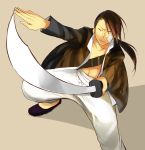  bandages black_hair from_above fullmetal_alchemist hair_over_one_eye highres ling_yao male ponytail pose solo sword weapon yellow_eyes yomimatigai 