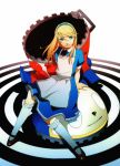  alice_(wonderland) alice_in_wonderland blonde_hair blue_eyes crossdressinging highres kneehighs kuma_(persona_4) long_hair mary_janes official_art persona persona_4 shoes sitting skirt soejima_shigenori solo trap 