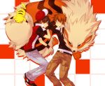 2boys arcanine artist_request belt black_hair brown_hair checkered cuddling gym_leader hand_behind_head hat hat_removed headwear_removed jacket jeans jewelry lowres male multiple_boys necklace ookido_green ookido_green_(hgss) pikachu pokemon pokemon_(creature) pokemon_(game) pokemon_gsc pokemon_heartgold_and_soulsilver popped_collar red_(pokemon) red_eyes shoes sleeping snuggle sweatdrop vest wristband 