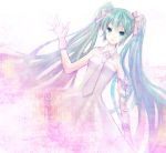  anko_kinako aqua_eyes aqua_hair bare_shoulders blue_eyes bow dress gloves hair_bow hatsune_miku long_hair necktie payot solo strapless_dress twintails very_long_hair vocaloid waving 