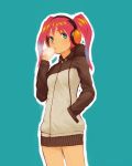  face food hands_in_pockets headphones highres nikuman red_hair redhead sentou simple_background solo twintails 