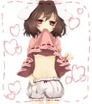   animal_ears bloomers blush breasts brown_hair bunny_ears dress dress_lift heart heart-shaped_pupils inaba_tewi looking_at_viewer mouth_hold naughty_face navel no_bra pink_eyes purin_jiisan rabbit_ears red_eyes short_hair solo sweat symbol-shaped_pupils touhou under_boob underboob 