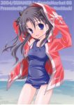 black_hair blue_eyes fate/stay_night fate_(series) hair_ribbon highres jacket_over_swimsuit long_hair mochizuki_nana ocean one-piece_swimsuit ribbon school_swimsuit smile solo swimsuit toosaka_rin twintails young 