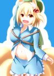  1girl animal_ears backpack bag blonde_hair blush bow breasts cosplay fox_ears fox_tail hat kawashiro_nitori kawashiro_nitori_(cosplay) large_breasts long_sleeves merry_(diameri) multiple_tails open_mouth red_eyes short_hair skirt smile solo tail touhou twintails yakumo_ran 