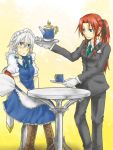  2girls alternate_hairstyle blush butler formal fujikei_shin gloves hong_meiling izayoi_sakuya multiple_girls ponytail sitting suit table tablet teacup teapot touhou 