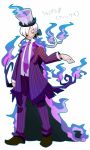   cape chandelure flame hair_bow long_hair male moemon nail_polish personification pokemon pokemon_(game) pokemon_black_and_white ponytail shoes simple_background smile suit necktie top_hat torn_clothes white_hair yellow_eyes  