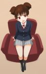  brown_eyes brown_hair couch fisheye head_tilt k-on! legs nekomatagi open_mouth school_uniform sitting smile solo suzuki_jun twintails 