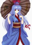  blue_hair hat highres japanese_clothes kamishirasawa_keine long_hair magatama obi oriental_umbrella red_eyes scarlethy solo touhou umbrella 
