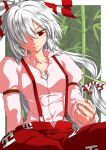  bamboo bamboo-copter bamboo_forest forest fujiwara_no_mokou hair_over_one_eye izuna_nie izunanie long_hair nature pants red_eyes silver_hair solo suspenders touhou toy white_hair 
