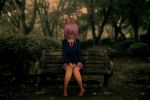  barefoot bench blazer bunny_ears long_hair necktie purple_hair rabbit_ears red_eyes reisen_udongein_inaba sho_(pixiv) sitting skirt touhou 