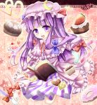  book cake candy_cane crescent crescent_moon doughnut food fork harukaruha hat heart long_hair patchouli_knowledge purple_eyes purple_hair solo spoon touhou violet_eyes 