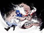  blue_hair boots burning_eyes highres hood kumoi_ichirin short_hair touhou umami_(sakeikura) unzan 