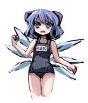  :d blue_eyes blue_hair bow cirno gatau hair_bow looking_at_viewer lowres no_nose one-piece_swimsuit open_mouth ribbon school_swimsuit short_hair smile swimsuit thigh_gap touhou wings 