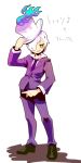   flame grin hat litwick moemon personification pointing pokemon pokemon_(game) pokemon_black_and_white short_hair simple_background suit teeth necktie white_hair yellow_eyes  