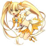  bad_id blonde_hair boots collaboration colored cure_sunshine flower fujiwara heartcatch_precure! long_hair magical_girl midriff murakami_yuzu myoudouin_itsuki orange_dress precure solo twintails white_background wrist_cuffs yellow yellow_eyes 